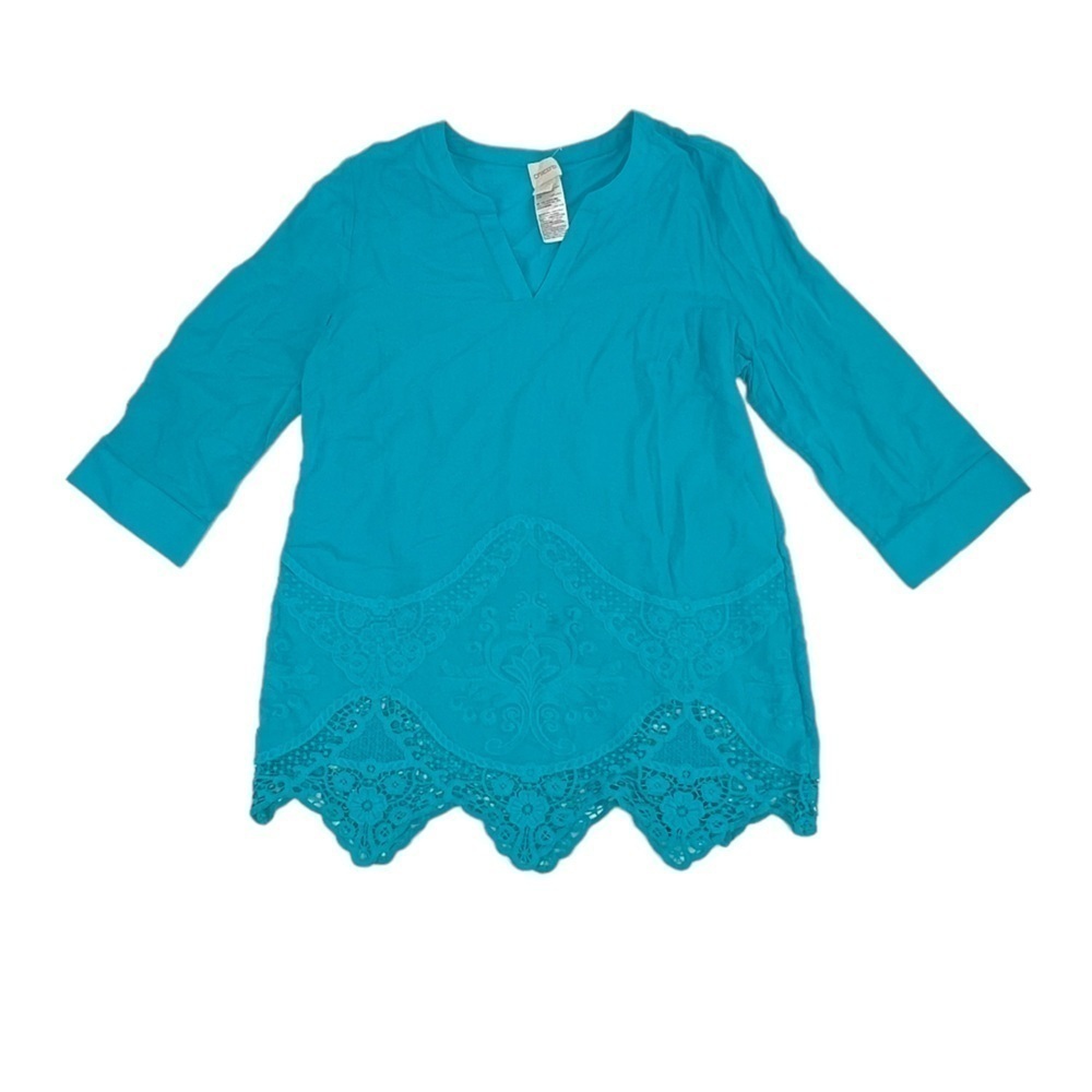CHICO’s Blue 3/4 Sleeve Scalloped Lace Hem Blouse Size 4 (0 CHICO's) Women’s